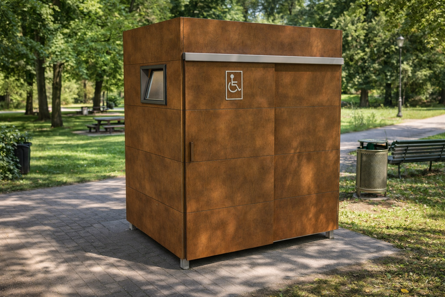 Bagno in alluminio con finitura corten per disabili