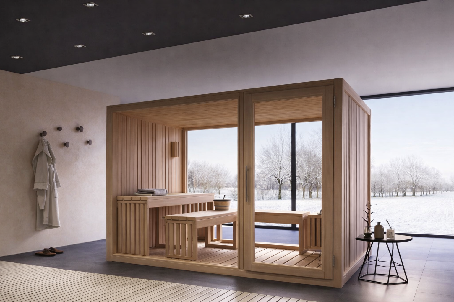 Sauna in montagna vetrate panoramiche dentro casa