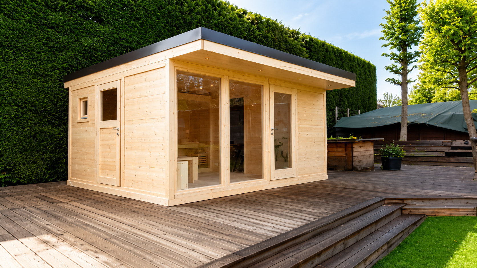 casetta in legno sauna ufficio bagno vetri panoramici